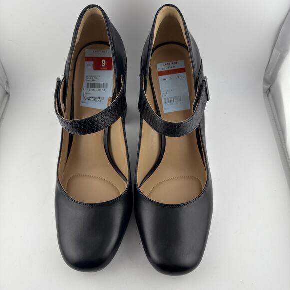 NATURALIZER Reva PUMPS Sz 9M Black Leather Buckle Strap Closed Toe Block Heels - Picture 4 of 6